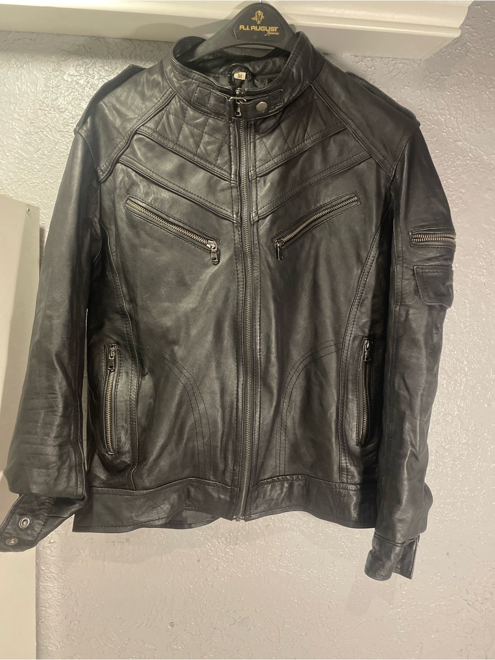 Men's Black Leather Bomber Jacket - Unbranded